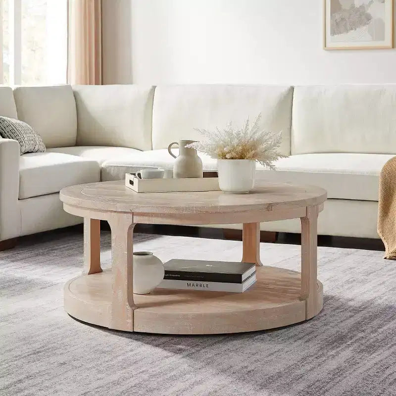Table basse ronde moderne de 40 pouces avec roulettes dissimulées, table d'appoint à 2 niveaux pour salon, bureau ou appartement - Panipeachy