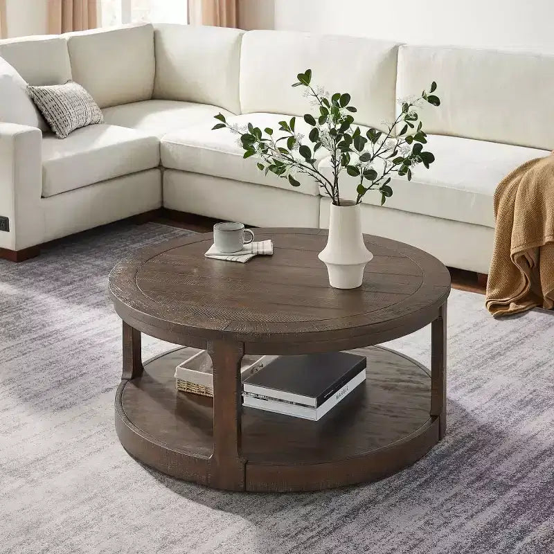 Table basse ronde moderne de 40 pouces avec roulettes dissimulées, table d'appoint à 2 niveaux pour salon, bureau ou appartement - Panipeachy