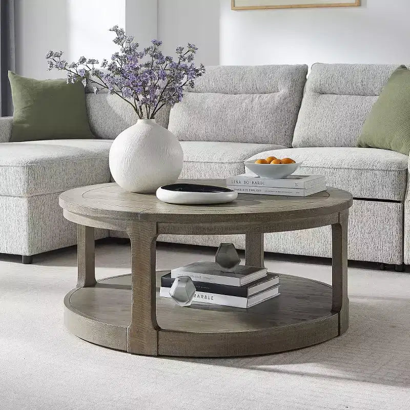 Modern 40 Round Coffee Table with Concealed Wheels, 2-Tier Center Table for Living Room, Office, or Apartment - Panipeachy