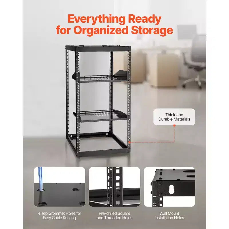 Rack réseau à cadre ouvert VEVOR 20U, profondeur 23 pouces, rack de serveur mural ou sur pied, 4 montants robustes, avec étagères ventilées, noir