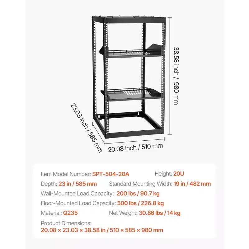 Rack réseau à cadre ouvert VEVOR 20U, profondeur 23 pouces, rack de serveur mural ou sur pied, 4 montants robustes, avec étagères ventilées, noir