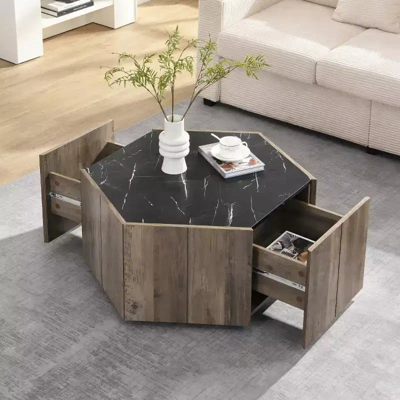 Table basse hexagonale moderne avec plateau en faux marbre et tiroirs de rangement cachés, table de salon - Panipeachy