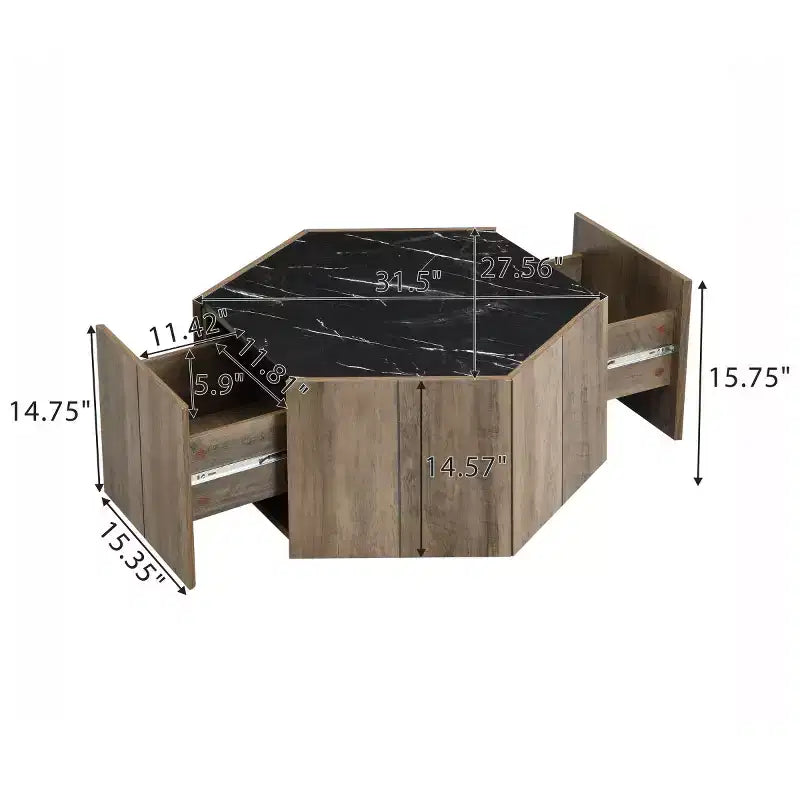 Table basse hexagonale moderne avec plateau en faux marbre et tiroirs de rangement cachés, table de salon - Panipeachy