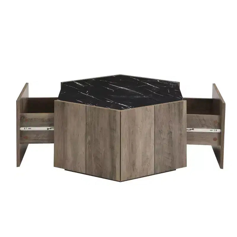 Table basse hexagonale moderne avec plateau en faux marbre et tiroirs de rangement cachés, table de salon - Panipeachy