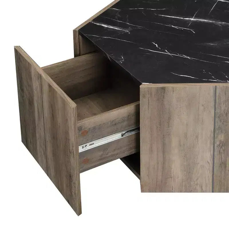 Table basse hexagonale moderne avec plateau en faux marbre et tiroirs de rangement cachés, table de salon - Panipeachy