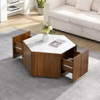 Table basse hexagonale moderne avec plateau en faux marbre et tiroirs de rangement cachés, table de salon - Panipeachy