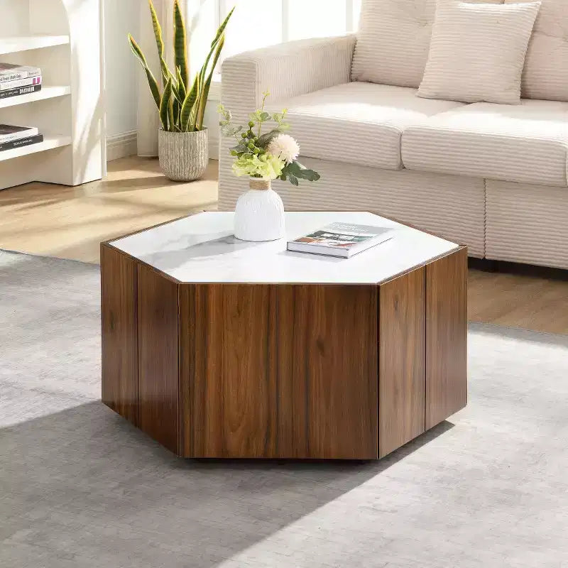 Table basse hexagonale moderne avec plateau en faux marbre et tiroirs de rangement cachés, table de salon - Panipeachy