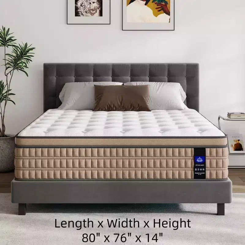 Matelas hybride King Whisen 14, matelas en mousse à mémoire de forme, ressorts ensachés, sans fibre de verre - Beige et Blanc