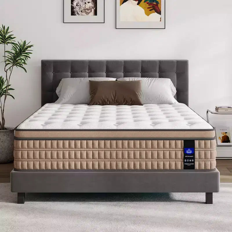 Matelas hybride King Whisen 14, matelas en mousse à mémoire de forme, ressorts ensachés, sans fibre de verre - Beige et Blanc
