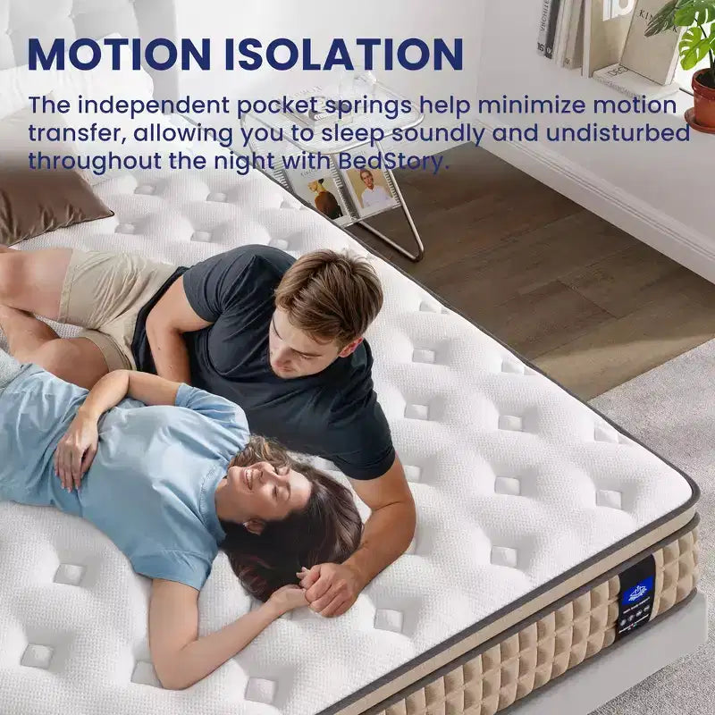 Matelas hybride King Whisen 14, matelas en mousse à mémoire de forme, ressorts ensachés, sans fibre de verre - Beige et Blanc