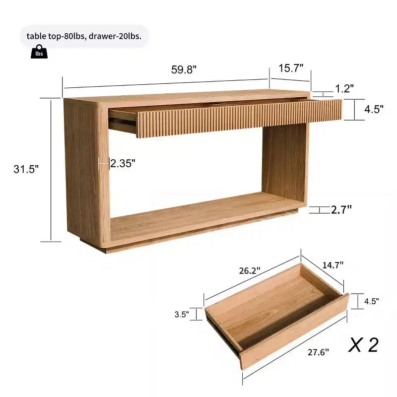 Console d'entrée de ferme de 60 po avec 2 tiroirs cannelés et étagère, table de couloir en placage de bois pour le salon - Panipeachy