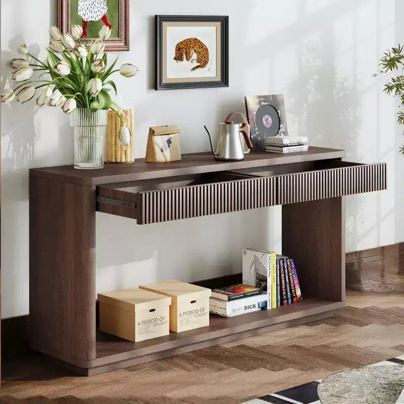 Console d'entrée de ferme de 60 po avec 2 tiroirs cannelés et étagère, table de couloir en placage de bois pour le salon - Panipeachy