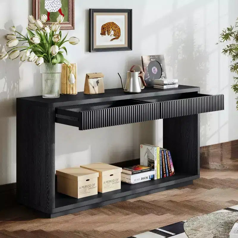 Console d'entrée de ferme de 60 po avec 2 tiroirs cannelés et étagère, table de couloir en placage de bois pour le salon - Panipeachy