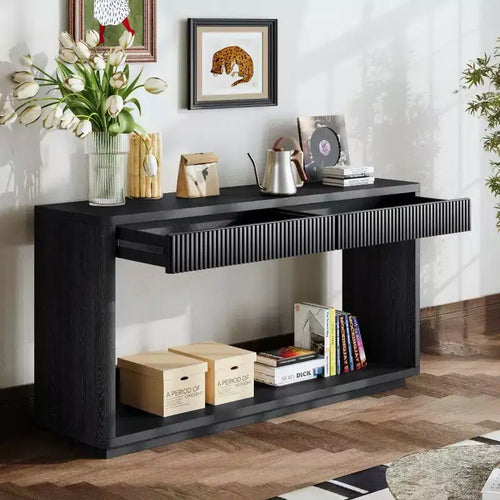 Console d'entrée de ferme de 60 po avec 2 tiroirs cannelés et étagère, table de couloir en placage de bois pour le salon - Panipeachy