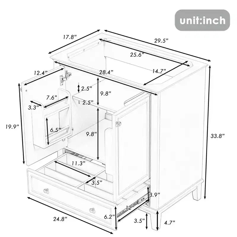 MAYEERTY Meuble-lavabo de salle de bain 30 po sans évier, portes d'armoire multifonctionnelles, tiroir, cadre solide en MDF noir