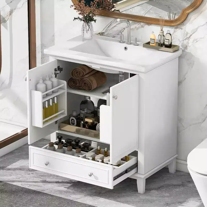 MAYEERTY Meuble-lavabo de salle de bain 30 po sans évier, portes d'armoire multifonctionnelles, tiroir, cadre solide en MDF noir