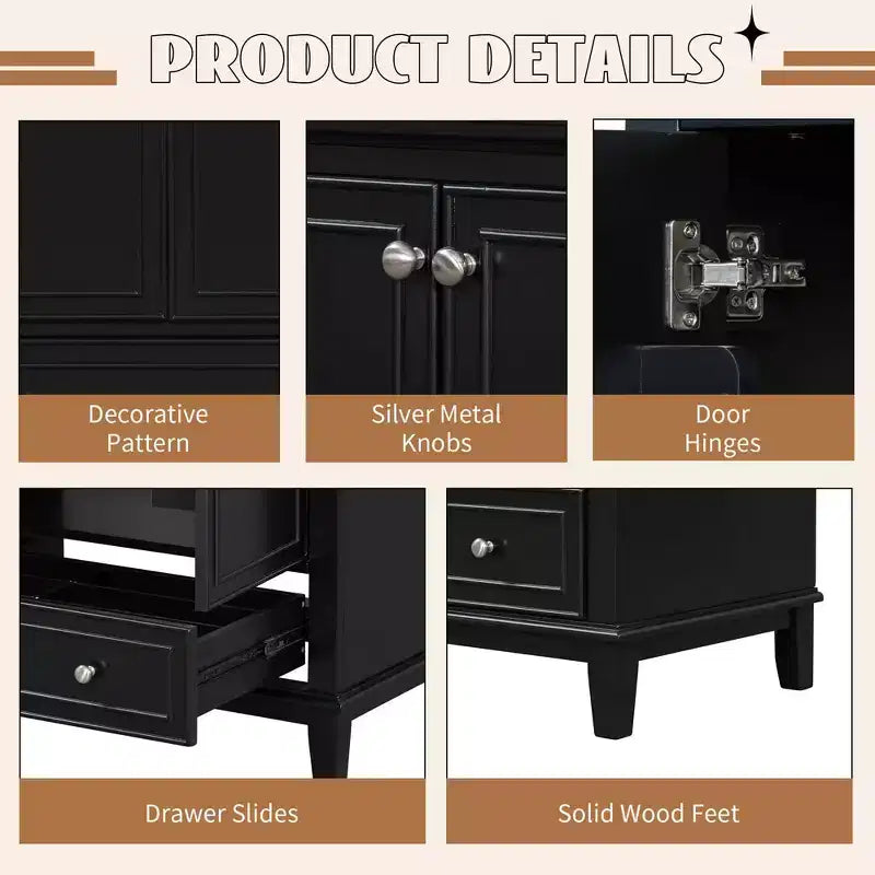 MAYEERTY Meuble-lavabo de salle de bain 30 po sans évier, portes d'armoire multifonctionnelles, tiroir, cadre solide en MDF noir
