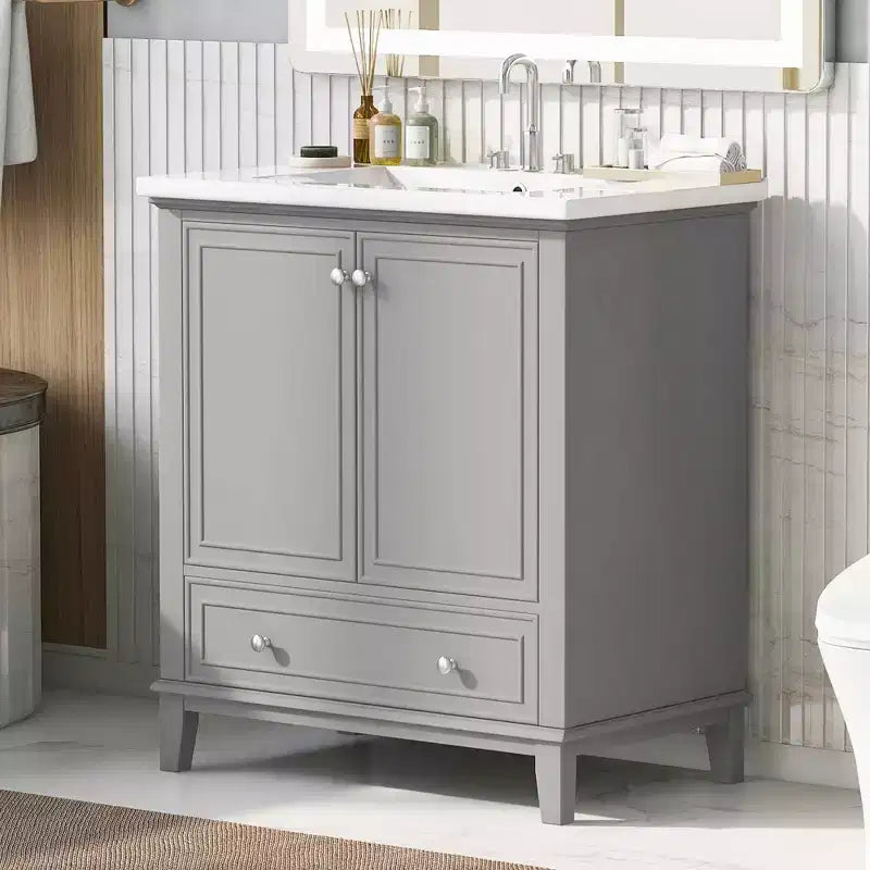 MAYEERTY Meuble-lavabo de salle de bain 30 po sans évier, portes d'armoire multifonctionnelles, tiroir, cadre solide en MDF noir