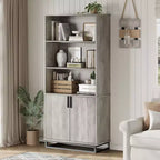 70.6 Tall Bookshelf w/Doors & Metal Base, 5-Tier Bookcase with Cabinet and Adjustable Shelf, Wooden Book Shelf Farmhouse Bookcase for Living Room