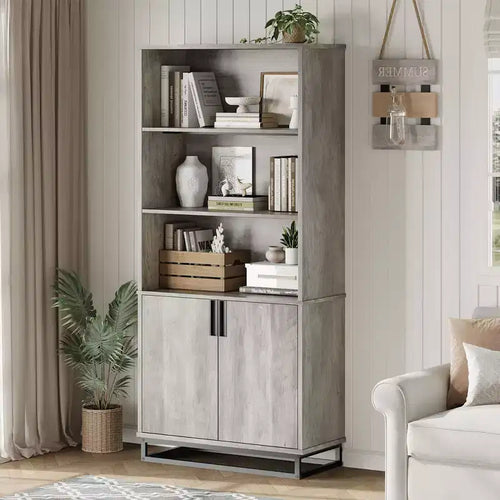 70.6 Tall Bookshelf w/Doors & Metal Base, 5-Tier Bookcase with Cabinet and Adjustable Shelf, Wooden Book Shelf Farmhouse Bookcase for Living Room