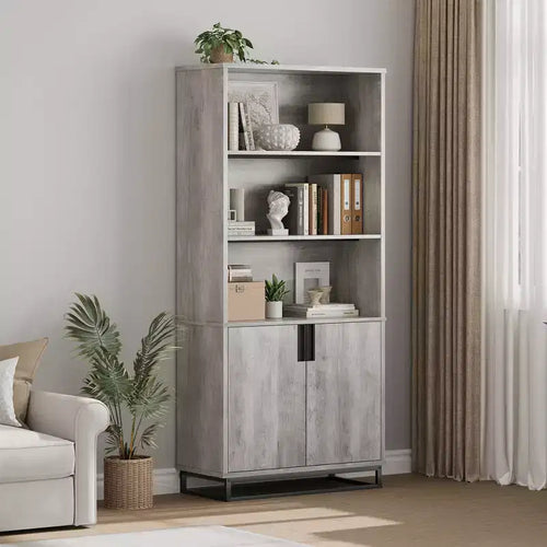 Étagère haute de 179,3 cm avec portes et base en métal, bibliothèque à 5 niveaux avec armoire et étagère réglable, bibliothèque en bois de style ferme pour salon
