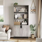 Étagère haute de 179,3 cm avec portes et base en métal, bibliothèque à 5 niveaux avec armoire et étagère réglable, bibliothèque en bois de style ferme pour salon