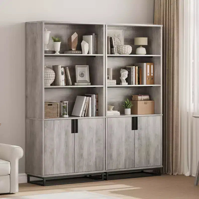 Étagère haute de 179,3 cm avec portes et base en métal, bibliothèque à 5 niveaux avec armoire et étagère réglable, bibliothèque en bois de style ferme pour salon