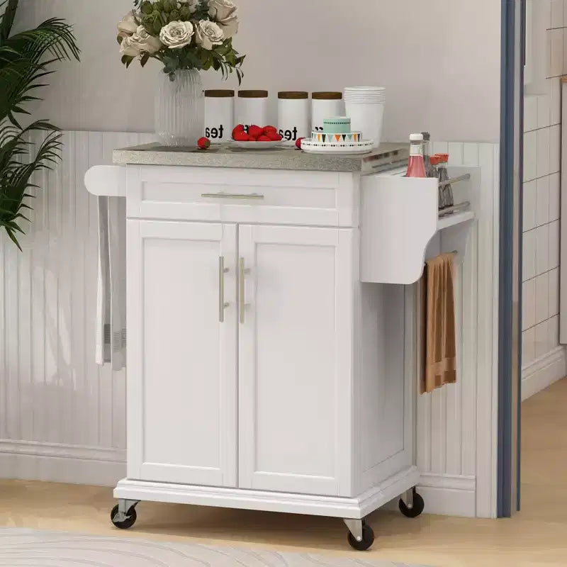 Îlot de cuisine sur roulettes, Desserte de cuisine roulante avec comptoir en acier inoxydable, tiroir, porte-serviettes et porte-épices, Chariot de rangement utilitaire