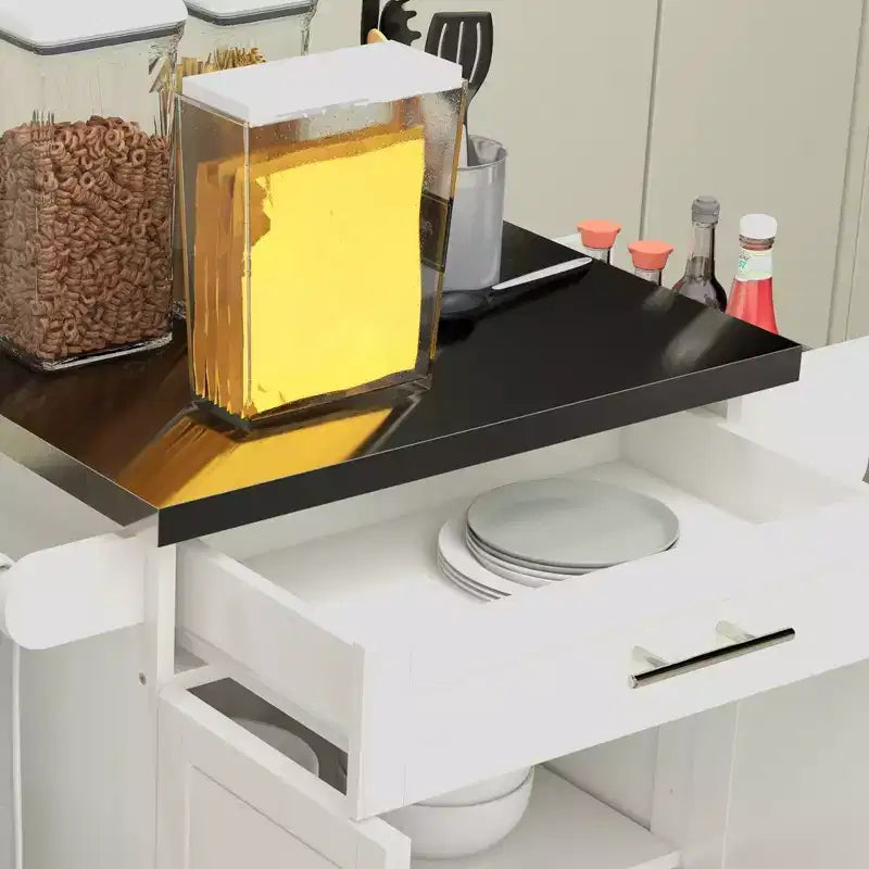 Îlot de cuisine sur roulettes, Desserte de cuisine roulante avec comptoir en acier inoxydable, tiroir, porte-serviettes et porte-épices, Chariot de rangement utilitaire