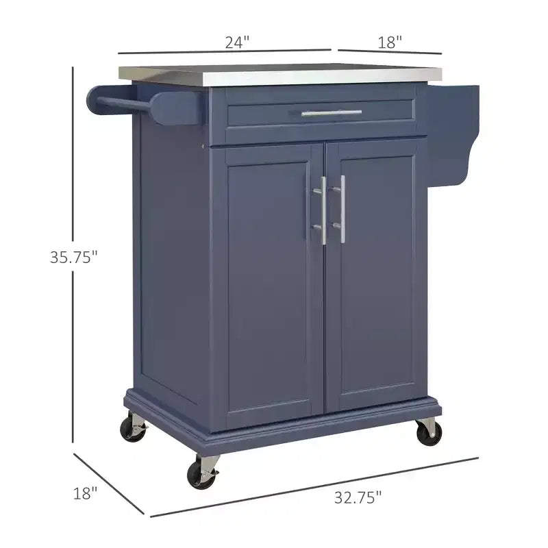 Îlot de cuisine sur roulettes, Desserte de cuisine roulante avec comptoir en acier inoxydable, tiroir, porte-serviettes et porte-épices, Chariot de rangement utilitaire
