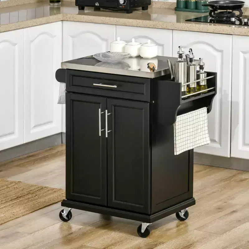 Îlot de cuisine sur roulettes, Desserte de cuisine roulante avec comptoir en acier inoxydable, tiroir, porte-serviettes et porte-épices, Chariot de rangement utilitaire