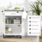 Îlot de cuisine sur roulettes, Desserte de cuisine roulante avec comptoir en acier inoxydable, tiroir, porte-serviettes et porte-épices, Chariot de rangement utilitaire