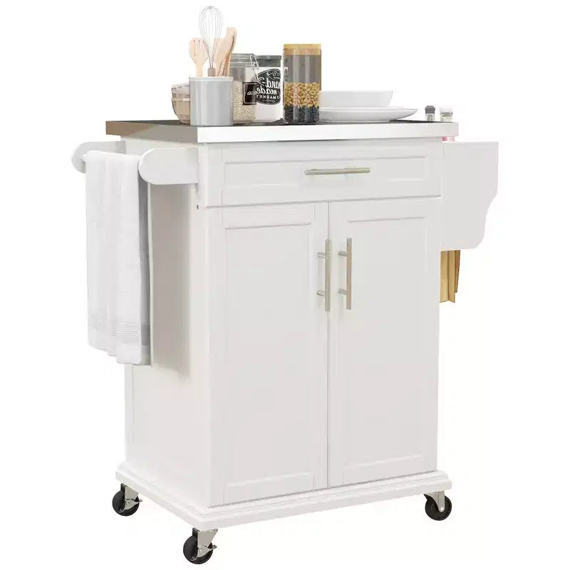 Îlot de cuisine sur roulettes, Desserte de cuisine roulante avec comptoir en acier inoxydable, tiroir, porte-serviettes et porte-épices, Chariot de rangement utilitaire