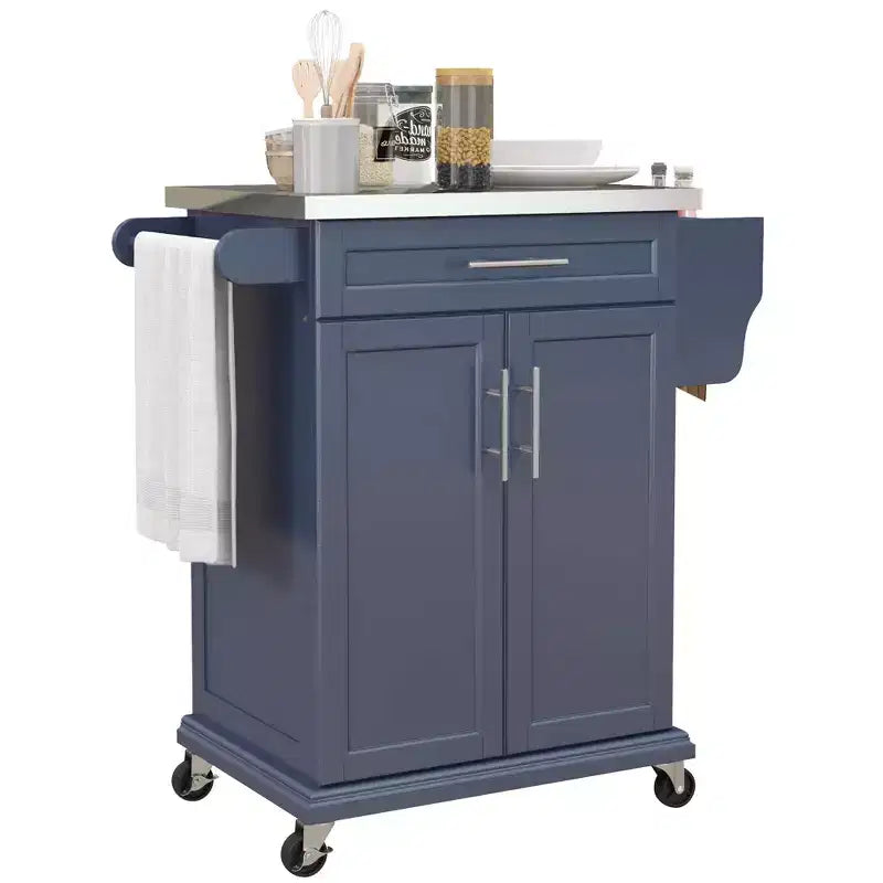 Îlot de cuisine sur roulettes, Desserte de cuisine roulante avec comptoir en acier inoxydable, tiroir, porte-serviettes et porte-épices, Chariot de rangement utilitaire