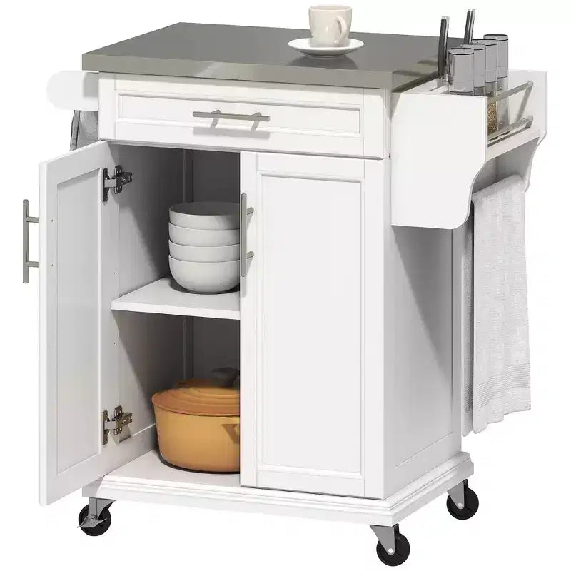 Îlot de cuisine sur roulettes, Desserte de cuisine roulante avec comptoir en acier inoxydable, tiroir, porte-serviettes et porte-épices, Chariot de rangement utilitaire