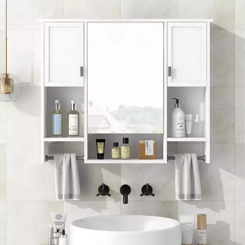 MAYEERTY 28.7 Wall Mounted Bathroom Mirror Cabinet with Concealed Storage 6 Open Shelves Medicine Cabinet White