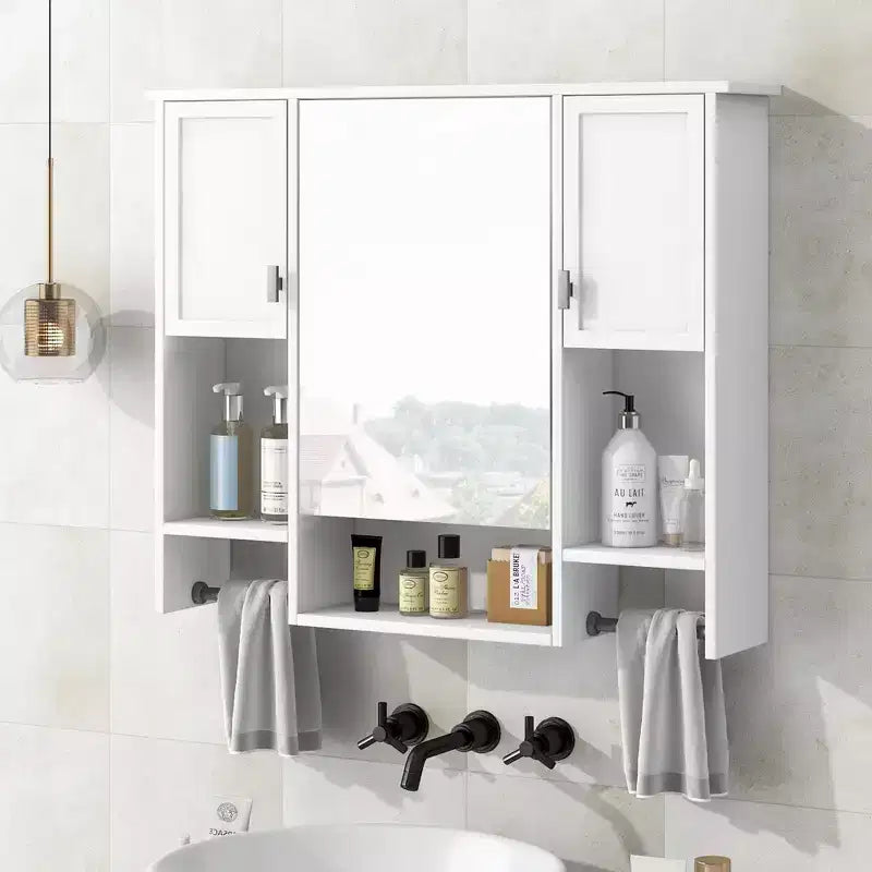 MAYEERTY 28,7 Armoire de toilette murale avec miroir, rangement dissimulé, 6 étagères ouvertes, armoire à pharmacie blanche