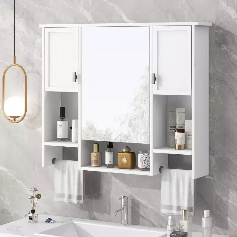 MAYEERTY 28,7 Armoire de toilette murale avec miroir, rangement dissimulé, 6 étagères ouvertes, armoire à pharmacie blanche
