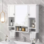 MAYEERTY 28,7 Armoire de toilette murale avec miroir, rangement dissimulé, 6 étagères ouvertes, armoire à pharmacie blanche