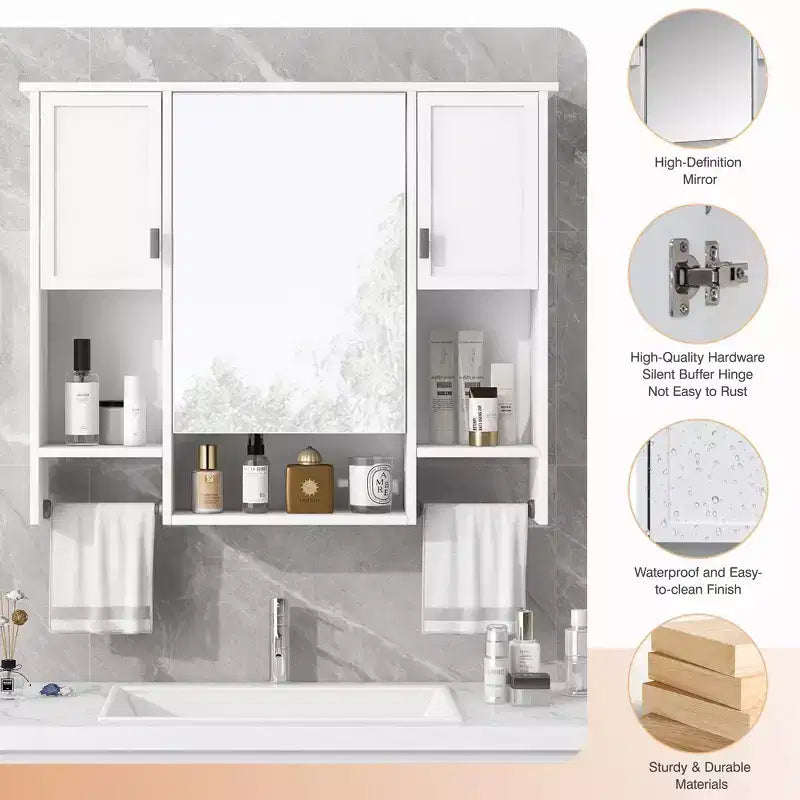 MAYEERTY 28,7 Armoire de toilette murale avec miroir, rangement dissimulé, 6 étagères ouvertes, armoire à pharmacie blanche