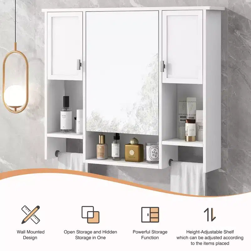 MAYEERTY 28,7 Armoire de toilette murale avec miroir, rangement dissimulé, 6 étagères ouvertes, armoire à pharmacie blanche