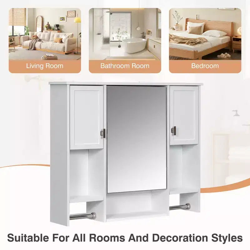 MAYEERTY 28,7 Armoire de toilette murale avec miroir, rangement dissimulé, 6 étagères ouvertes, armoire à pharmacie blanche