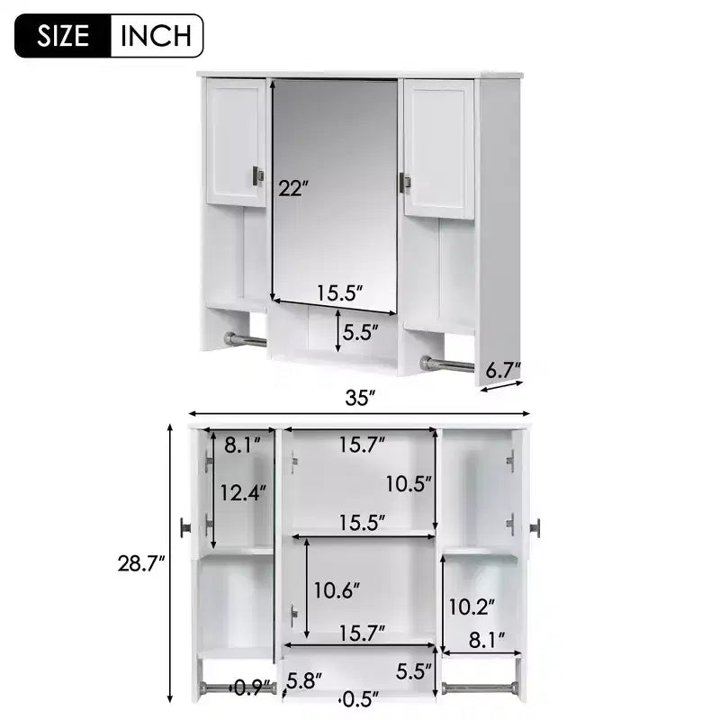 MAYEERTY 28,7 Armoire de toilette murale avec miroir, rangement dissimulé, 6 étagères ouvertes, armoire à pharmacie blanche