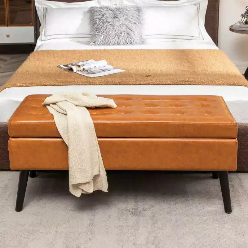 TUYOHW Banc de rangement rectangulaire, banc de bout de lit avec pieds en bois massif, ottoman en cuir PU pour salon, chambre, entrée