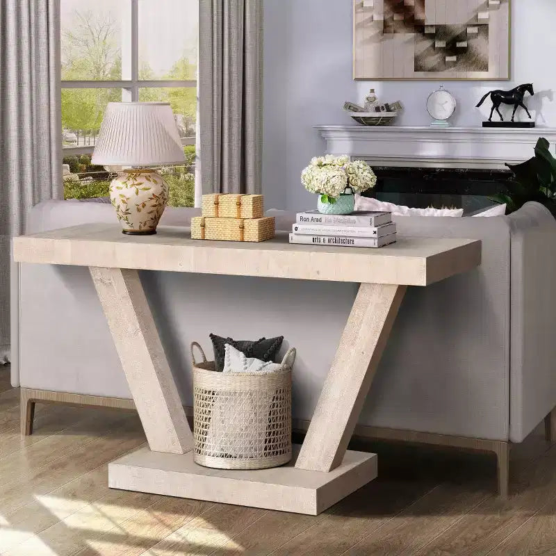 Console d'entrée rustique de 60 pouces avec plateau en bois vieilli, base large en V pour couloir - Panipeachy