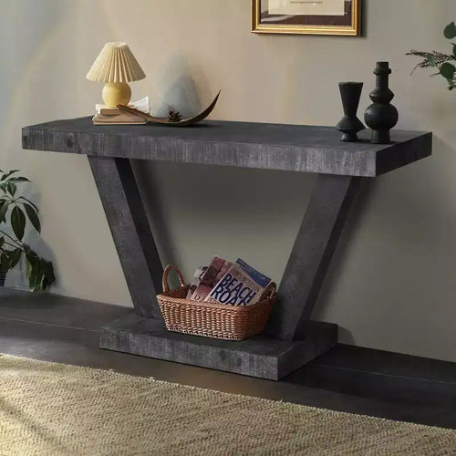 Console d'entrée rustique de 60 pouces avec plateau en bois vieilli, base large en V pour couloir - Panipeachy