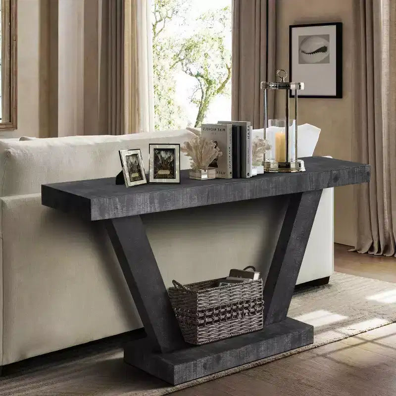 Console d'entrée rustique de 60 pouces avec plateau en bois vieilli, base large en V pour couloir - Panipeachy