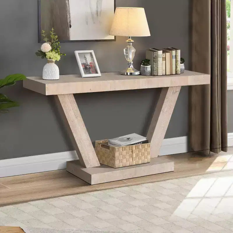 Console d'entrée rustique de 60 pouces avec plateau en bois vieilli, base large en V pour couloir - Panipeachy