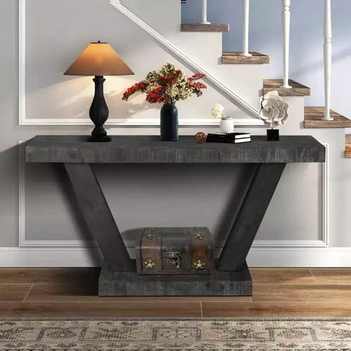 60 Rustic Entryway Console Table with Distressed Wood Top, Wide V-Leg Base for Hallway - Panipeachy