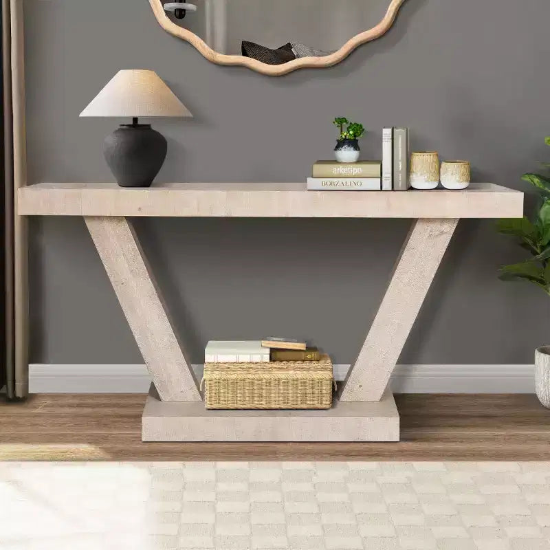 Console d'entrée rustique de 60 pouces avec plateau en bois vieilli, base large en V pour couloir - Panipeachy